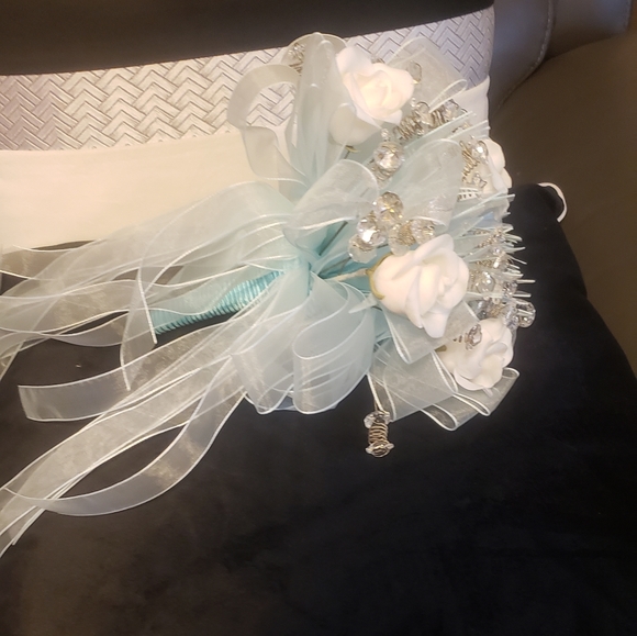 Bouquet of Porcelain White Roses, Crystals and Sky Blue Ribbons. - Picture 2 of 5